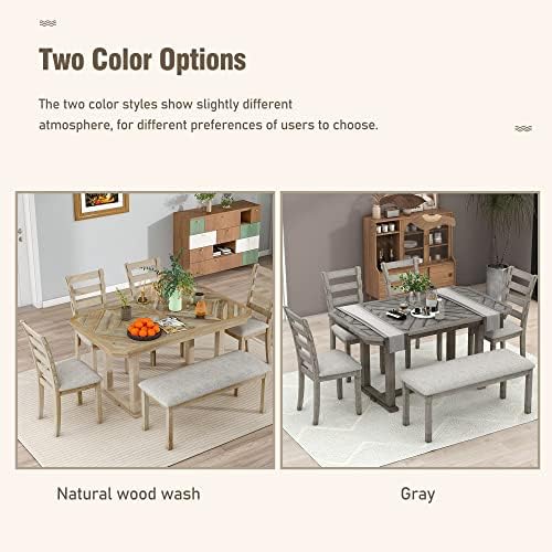 Solid Wood 6-Piece Dining Room Table Set with Beautiful Wood Grain Pattern Tabletop, Rustic Style Kitchen Dining Table Set with 4 Padded Ergonomic Chairs & a Bench (Gray-Grain) - Image 7