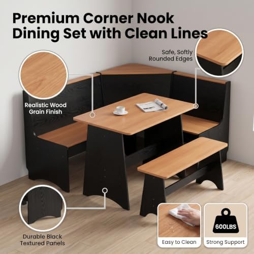 Farmhouse Breakfast Nook Table Set with L-Shaped Bench & Storage, Reversible Seating for 3-4, Easy-Clean Waterproof Laminate, Space-Saving Corner Design (Black + Natural) - Image 7