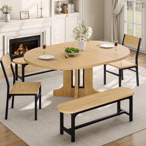 Einhomn 59" Extendable Round Dining Table Set for 4-6, 5-Piece Kitchen & Dining Room Table with 2 Chairs & 2 Benches, Wood Oval Dinner Table with Heavy Duty Pedestal Base, for Small Spaces, Oak by Einhomn