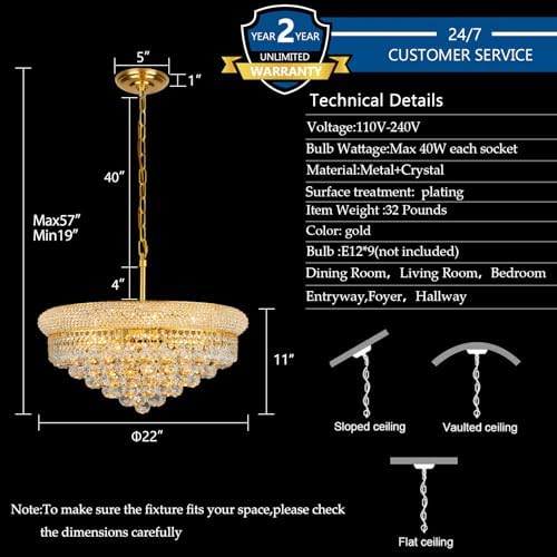 Gold Crystal Chandeliers for Dining Room，9-Lights D22 Inch - Image 4