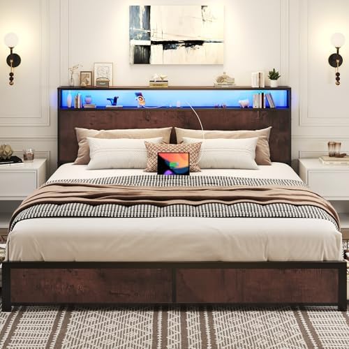 Lifezone King Bed Frame with 2-Tier Storage Headboard, Metal Platform Bed Frame with 4 Storage Drawers, Built in Charging Station & LED, Noise-Free/Metal Support/No Box Spring Needed, Coffee Brown - Image 6