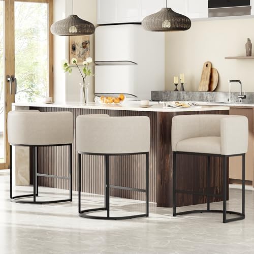 26" H Counter Height Bar Stools Set of 3, Modern Barrel Counter Stools with Backrest and Arms, Linen Fabric Upholstered Accent Barstools for Kitchen Island, Support 450 LBS, Beige by VATROS