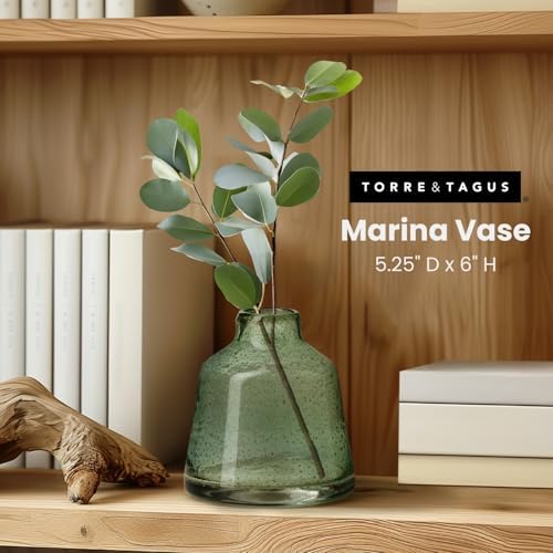 Torre & Tagus 6 Inch Tall Green Glass Vase with Gold Flakes, Mouth Blown Glass Vases Green Flower Vase Centerpieces, Watertight for Hydroponic Plants, Coastal Seagreen Gold Decor Accents (Marina) - Image 2
