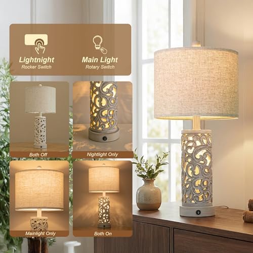 OYEARS Bedside Table Lamps Set of 2 with Night Light, 22'' Distressed Grey - Image 3