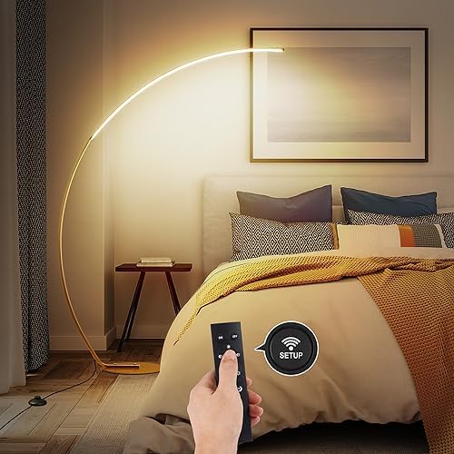 NUÜR 67" Gold Arc Floor Lamp, Modern LED Standing Lamp with Remote - Image 4