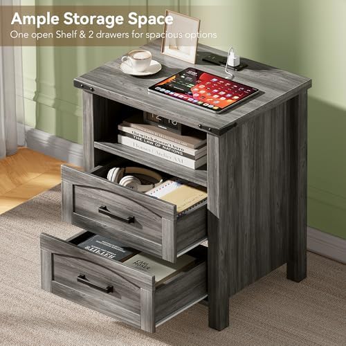 Decofy Farmhouse Nightstand Set of 2 with Charging Station, 2 Drawers - Image 4