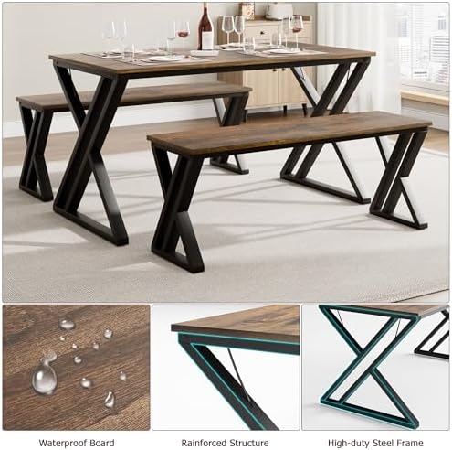 GarveeHome Kitchen Table with 2 Benches, Dining Table Set for 4,Brown - Image 5