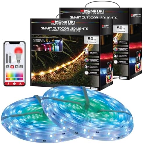 Monster Smart 2 -Pack 50 Foot RGB+IC+WW Outdoor LED Light Strip (100 ft Total), Sound Reactive, Dimmable, Multicolor & Multi-White, IP44 Waterproof, Weather Resistant, Works with Alexa, Google, Siri by Monster