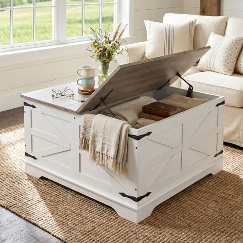 senlin Farmhouse Coffee Table, Heavy-Duty Coffee Table with Storage, Square Wood Center Table Set for Living Room with Pull Up Large Hidden Storage Compartment, Maple White by SENLIN
