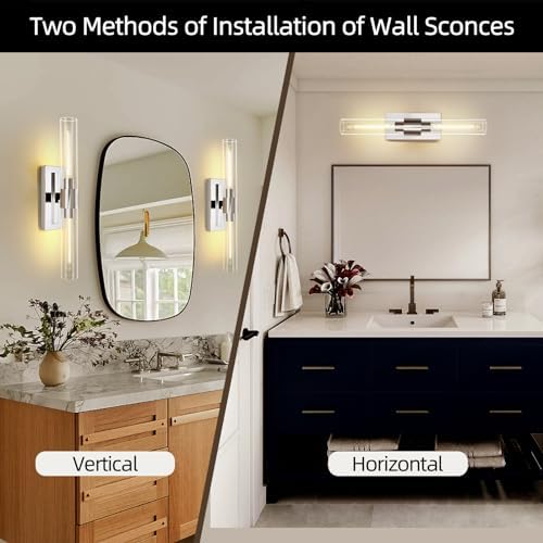 Nickel Bathroom Vanity Light, 2-Light Bathroom Wall Sconce Over Mirror, Chrome Vanity Lights for Bathroom, Dimmable Vanity Sconce with Glass Tube, Indoor Linear Wall Sconce Vertical & Horizontal, 1 PC - Image 4
