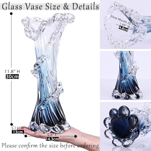 Hand Blown Blue Glass Vase, Unique Art Beautiful Ocean Glass Vase for Coastal Home Decor, Coffee Table, Living Room, Office Decor - 11.8" H(Large) - Image 3
