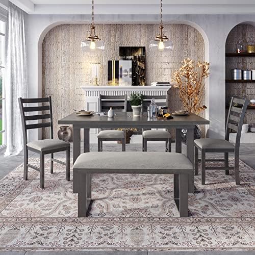 6 Piece Kitchen Dining Table Set with Rectangular Table and Comfortable Cushioned Seat, Farmhouse Rustic Wood Dining Room Set for 4-6 Persons, Dining Set for Family (Gray-1) by Unknown