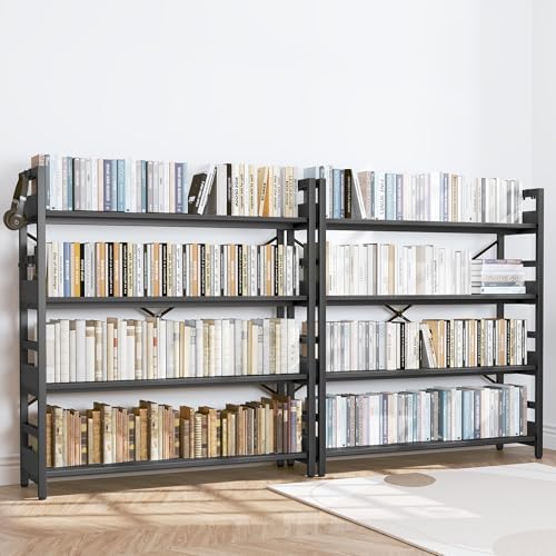 HCHQHS Bookshelf, Adjustable Industrial Bookcase, Vertical Tall Book Shelf, Wood and Black Metal Open Bookshelves for Home Office, Living Room, Bedroom (Black, 4-Tier (47" W x 44" H)) - Image 2