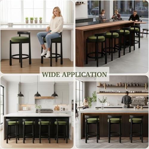 LukeAlon Mid Century Velvet Counter Stools Set of 6, Upholstered 26.5” Seat Height Barstools with Black Wood Legs Retro Modern Round Kitchen Stools with Footrest for Dining Room Bar Coffee Shop, Green - Image 6