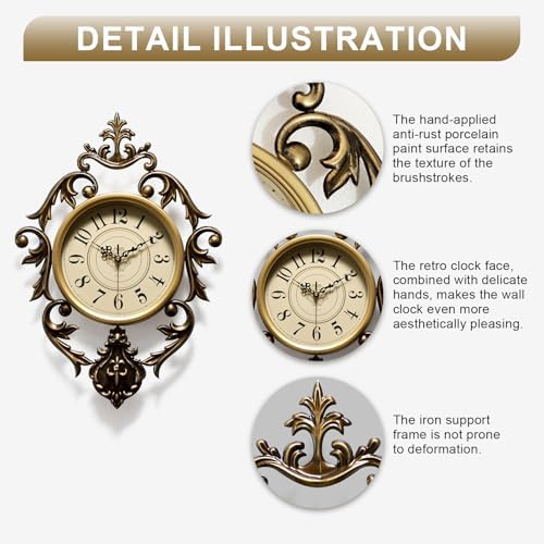 Vintage Wall Clock, Antique Decor,Decorative Wall Clocks Battery Operated,Non Ticking European Style Metal Wall Clock, Retro,Bedroom/Living Room/Kitchen 26"x19" - Image 3