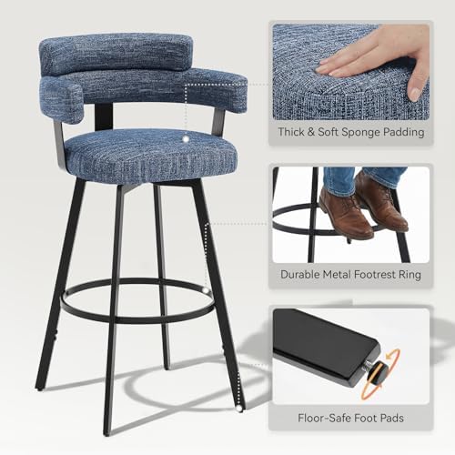 30 Inch Bar Stools Set of 2 with Full Back, Swivel Bar Chairs with Linen Padded Back, Metal Footrest, Modern Bar Height Stools for Kitchen Island, Dining, Living Room, Blue - Image 6