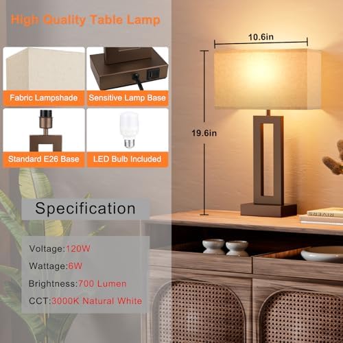 Seealle Bedroom Lamps for Night Stands - Touch Control, 3 Way Dimmable, USB C+A Charging, LED Bulbs, Easy Assembly(Yellow&Brown) - Image 6