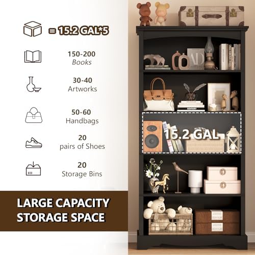 TVU 5-Tier Wooden Bookshelf, 31.5" W x 65" H ×9.9" D Bookshelf with Storage, Floor Standing Modern Style Display Bookcase for Living Room, Office, Study Room, Entryway, Black - Image 4