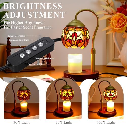 Tiffany Style Candle Warmer Lamp with Timer, Dimmable Stained Glass Candle Lamp Warmer, Birthday Gifts for Mom Women Friend Sister Baroque Wax Melt Warmer with 2 Bulbs for Home Deco - Image 3