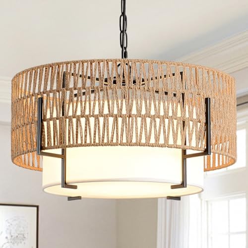 4-Light Boho Chandelier for Dining Room, 19.7" Rattan Pendant Light by SupMaka