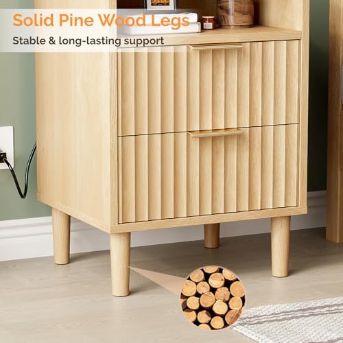 VINGLI Fluted Nightstands Set of 2 with Charging Station, Wood Nightstand 2 Drawer, Mid Century Modern Nightstands for Bedroom, Fluted Bed Side Table, Oak Night Stands Set 2 - Image 7