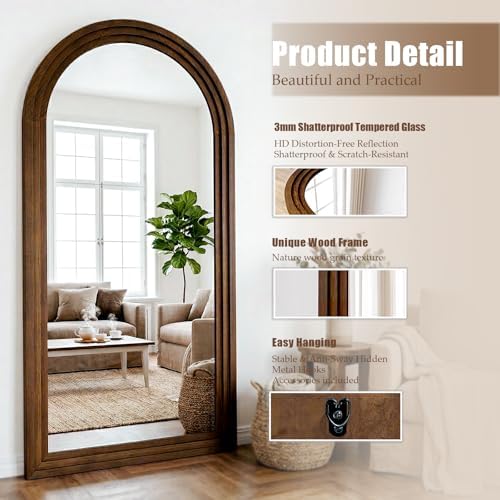 30"x71" Full Length Mirror Solid Wood Frame, Arched Floor Mirror Full Length with Stand, Room Decor Big Full Body Mirror with HD Tempered Glass for Bedroom, Living Room, Walnut Wood - Image 3