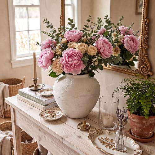 Large Round White Vase with Pottery Look, Metal Rustic Vase for Flowers - Image 4