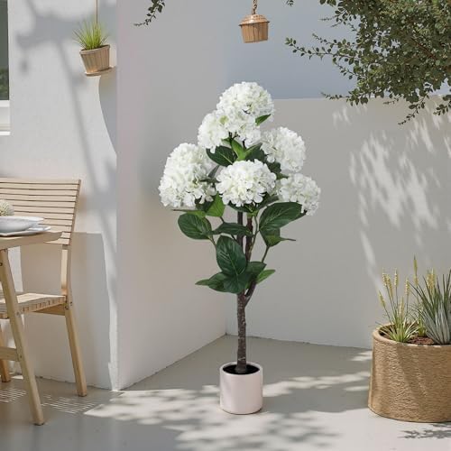 YEPDIN Set of 2 Artificial Hydrangea Tree 4 ft- Large Faux Hydrangea Plants Indoor Outdoor，Fake Flower Trees with White Tall Planter for Home Garden,Front Decor - Image 6