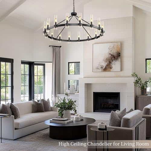 Black Wagon Wheel Chandelier, 48" Modern Chandeliers with Glass Shade, 16-Light Large Chandelier for High Ceiling, Farmhouse Chandeliers for Dining Room, Living Room, Foyer, Stairway(Bulbs Included) - Image 4