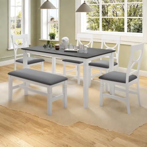 LUMISOL 6 Piece Solid Wood Dining Table Set, Upholstered Chair w/Bench Seat, Solid Wood Kitchen Room Table Set with Cross Back Chairs and Padded Bench for 6, GrayWash+White - Image 3