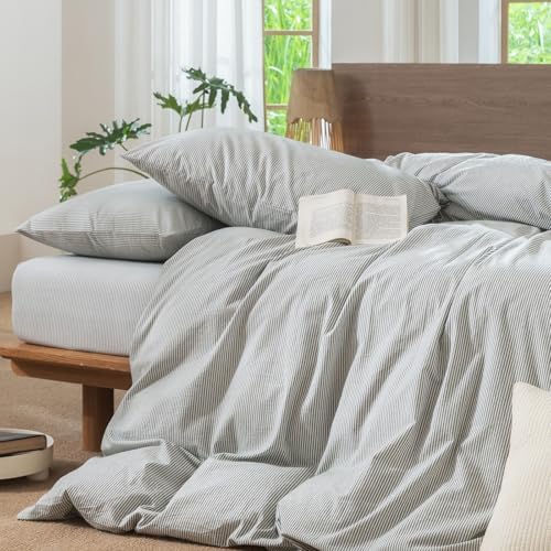 MooMee Striped Duvet Cover Set 100% Washed Cotton Linen Like - Image 5