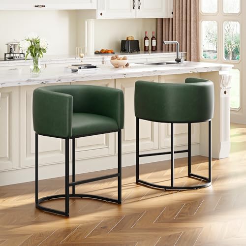 26" H Counter Height Bar Stools Set of 2, Modern Barrel Counter Stools with Backrest and Arms, Faux Leather Upholstered Accent Barstools for Kitchen Island,Support 450 LBS (Green) by VATROS