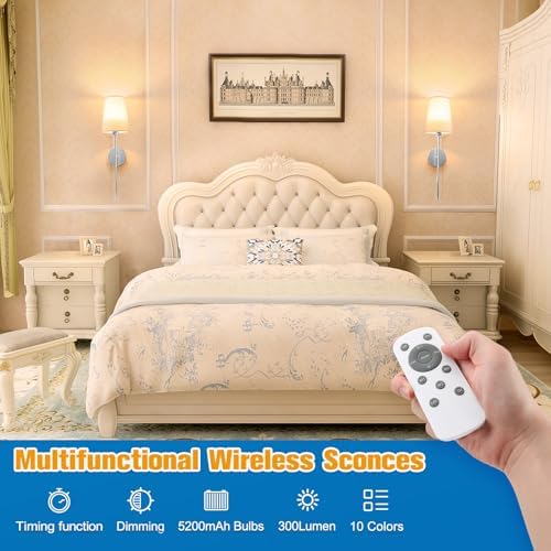 NIORSUN 25.4 inch Brushed Nickel Battery Operated Wall Sconce Set of 2,Rechargeable Wall Lights with Dimmable Detachable Bulbs and Remote,9 Colors Wireless Sconces for Bedroom Living Room Hallway - Image 2