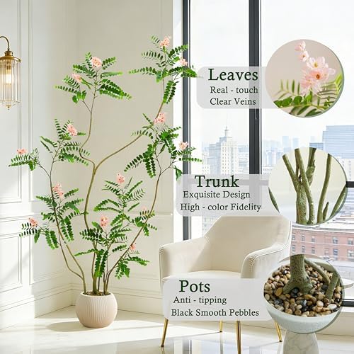 Artificial Locust Tree：6FT Faux Black Locust Floor Plant with Pink Flowers Small Round Silk Leaves & Elegant Branches in Beige Ribbed Planter for Indoor Home Office Decor Hotel Patio Studio - Image 3