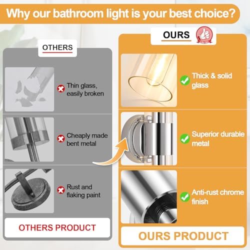 Wall Sconces Set of Two, Modern Bathroom Sconces Wall Lighting with & Clear Glass Glass, Chrome Sconces Wall Decor Set of 2 for Bathroom Mirror Bedroom Living Room Hallway - Image 2