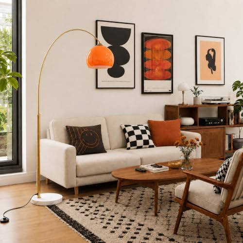 Mid Century Modern Orange Arc Floor Lamp,Gold Body,for Living Room - Image 5