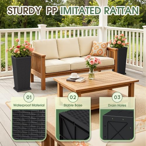 Set of 2 24 Inch Tall Plastic Planters with Drainage Saucers, Black - Image 5
