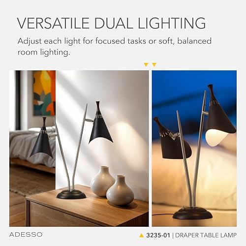 Adesso 2-Light Desk Lamp, Brushed Steel & Black, Adjustable Arms, 22” - Image 3