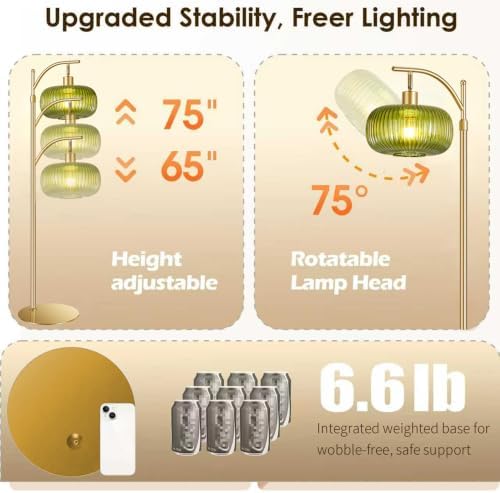 Green Floor Lamp for Living Room, Modern Glass Standing Lamp with Remote, Dimmable Brass Tall Lamp Retro Vintage Glass Tall Lamp Floor Light Boho, 12W LED Bulb Included - Image 4