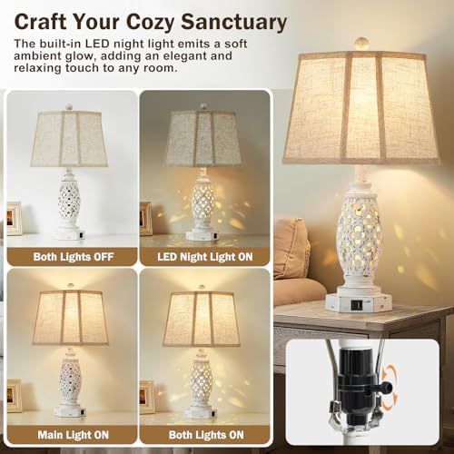 Lamps for Night Stands Set of 2-23.5" Bedside Lamp with USB A+C and Nightlight - Rustic Farmhouse Table Lamp for Bedrooms, End Tables, Living Room - French Country Decor, Bulbs Included, Cream - Image 4