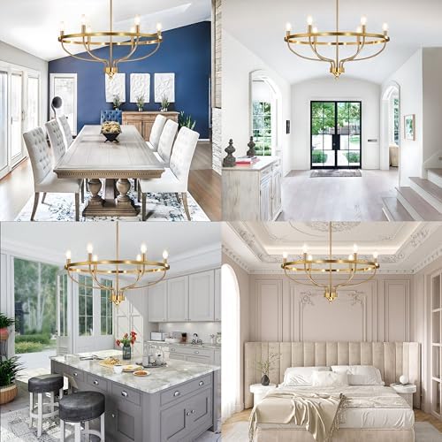 Gold Chandelier for Dining Room, 28.5 Inch Diameter Modern Farmhouse Candle Chandelier Light Fixture Over Table, 6-Light Brass Chandelier Lighting for Kitchen, Bedroom, Living Room (E12 Base) - Image 2