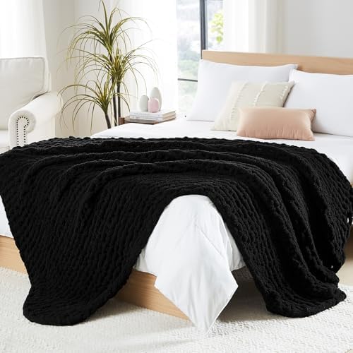 L'AGRATY Chunky Knit Throw Blanket for Couch, 72'' x 84'' Knit Throw, Black by LAGRATY