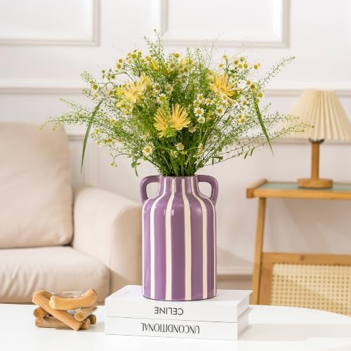 Ceramic Flower Vase with Handles, Modern Purple Striped Decorative Vase for Home Decor, 9.1" Art Floral Tall Flower Vases for Living Room & Kitchen, Mantel & Bookshelf, Centerpieces, Entryway - Image 3