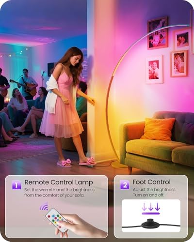 75" RGBW Gold Corner Lamp, Dimmable Arc Floor Lamp with Remote, Curved Lamp - Image 5