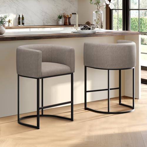 Counter Height Bar Stools, 24 Inch Seat Height Barstools for Dining Room, Fabric Upholstered Bar Chair for Kitchen Island, Linen Counter Stools with Metal Legs, Sand - Image 2