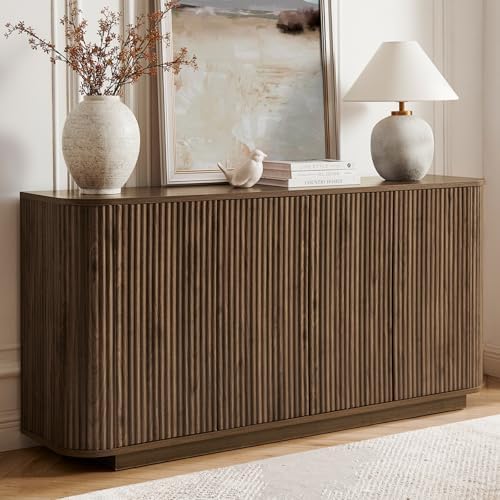 64" Fluted Buffet Cabinet with Storage, Walnut Sideboard Cabinet by Home