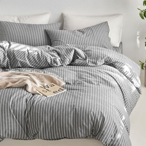 MooMee Striped Duvet Cover Set 100% Washed Cotton Linen Like Alaska King - Image 5