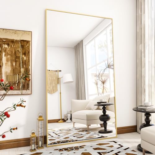VooBang Oversized Full Length Mirror, 76" x 34" Floor Mirror with Stand, Aluminum Alloy Frame Full Body Mirror, Standing Hanging or Leaning Against Wall Bedroom Living Room, Gold by VooBang