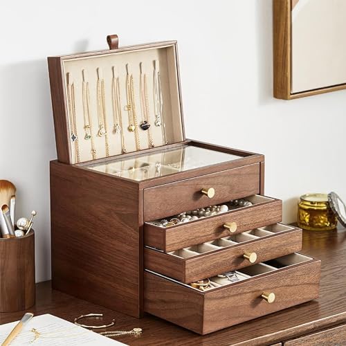 CHOSIN Walnut Jewelry Box Wood for Women with Vertical Neclace Hooks - Image 2