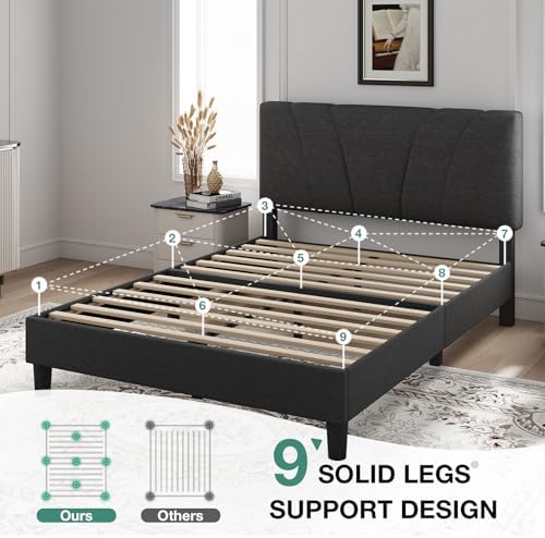 Novilla Queen Bed Frame with Headboard, Bed Frame Queen Size with Wood Slats Support,Linen Upholstered Adjustable Headboard, No Box Spring Needed, Heavy Duty Feet, Easy Assembly, Dark Grey - Image 5